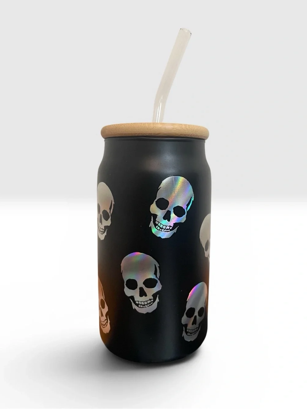 Black Skull Glass and Bamboo Tumbler with Iridescent Skulls NWOT Eco Friendly
